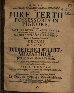 Disputatio Inauguralis Iuridica De Iure Tertii Possessoris In Pignore