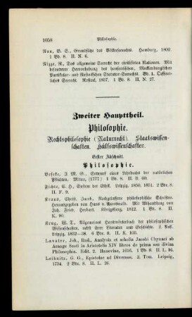 Zweiter Haupttheil. Philosophie. Rechtsphilosophie (Naturrecht). Staatswissenschaften. Hülfswissenschaften.