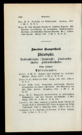 Zweiter Haupttheil. Philosophie. Rechtsphilosophie (Naturrecht). Staatswissenschaften. Hülfswissenschaften.