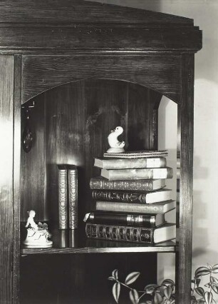 Ente : Arrangement mit Büchern und Keramik-Nippes im Glasteil des Wohnzimmerschrankes der Fotografin