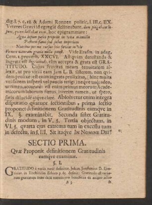 Sectio Prima. Quae Proponit definitionem Gratitudinis eamque examinar.