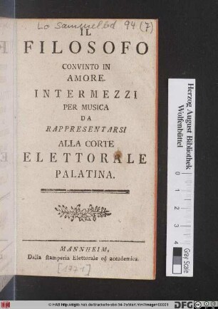 Il Filosofo Convinto In Amore : Intermezzi Per Musica Da Rappresentarsi Alla Corte Elettorale Palatina