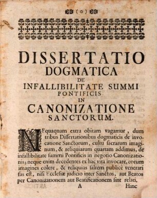 Diss. dogm. de infallibilitate summi pontificis in canonizatione sanctorum