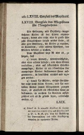 LXVIII. Sorgfalt des Magistrats für Neugebohrne. - LXXIII. Sorgfalt des Magistrats für den Arztlohn.