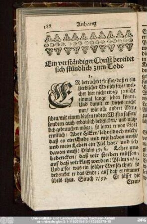 Ein verständiger Christ bereitet sich stündlich zum Tode.
