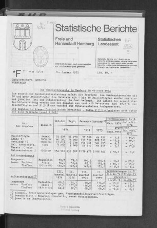 Das Bauhauptgewerbe in Hamburg im Oktober 1974 : Lfd. Nr. 1