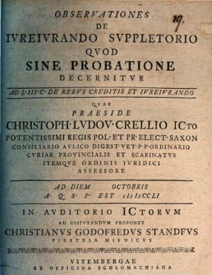 Observationes de iureiurando suppletorio quod sine probatione decernitur : ad L. III C. de rebus creditis et iureiurando
