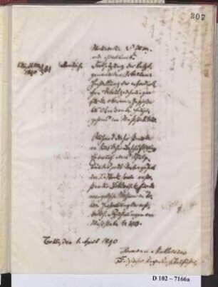 Schreiben an Kayser, Ministerial Baukommission. Tätigkeitsbericht I. Quartal 1890 (Brief)