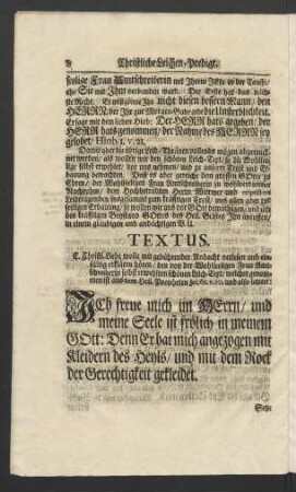 Textus. [...] aus dem Heil. Propheten Jes. 61. v. 10. und also lautet: