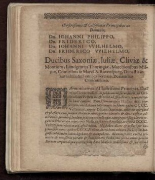 Dedikation an Johann Phillipp, Friedrich, Johann Wilhelm und Friedrich Wilhelm, Grafen zu Sachsen, von Georg Engelmann