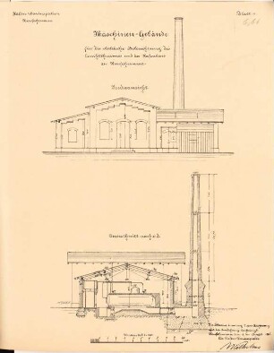 Leuchtturm, Maschinengebäude und Lotsenwachgebäude auf dem Lotsenberg, Danzig-Neufahrwasser: Maschinengebäude für den Leuchtturm: Vorderansicht, Schnitt 1:100