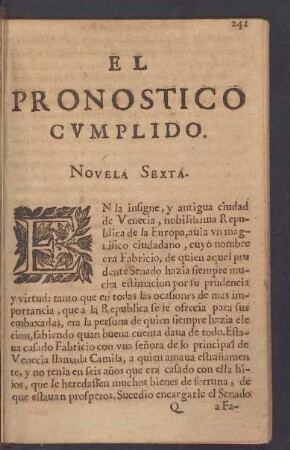 El Pronostico cumplido. Novela sexta.