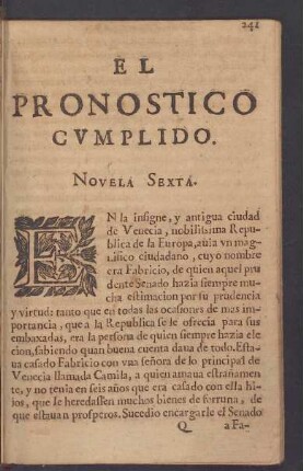 El Pronostico cumplido. Novela sexta.