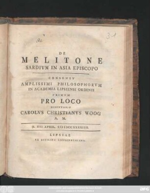 De Melitone Sardivm In Asia Episcopo