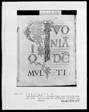 Evangeliar aus Zwiefalten — Initialseite Q(uoniam quidem), Folio 81verso