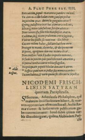 Nicodemi Frischlini In Satyram quartam Paraphrasis.
