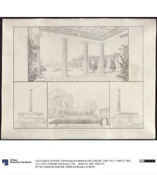 Sammlung architektonischer Entwürfe. Tafel 110 ( = Heft 18, Tafel 110, 1831): Potsdam-Sanssouci. Schloss Charlottenhof. Ansicht von der Exedra auf Schloss und Park