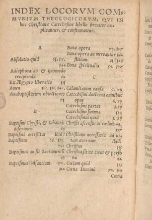 Index Locorvm Commvnivm Theologicorvm, Qvi In hoc Christianae Catechesios libello breuiter explicantur, et confirmantur.