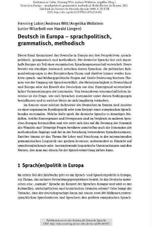 Deutsch in Europa – sprachpolitisch, grammatisch, methodisch