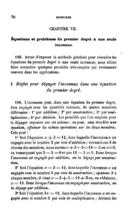 Chapitre VII. Équations et prblèmes du premier degré à une seule inconnue.
