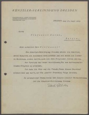 Brief von Karl Albiker [Künstlervereinigung, Dresden] an Georg Kolbe