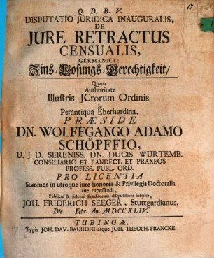Disp. inaug. de iure retractus censualis, germ. Zins-Losungs-Gerechtigkeit