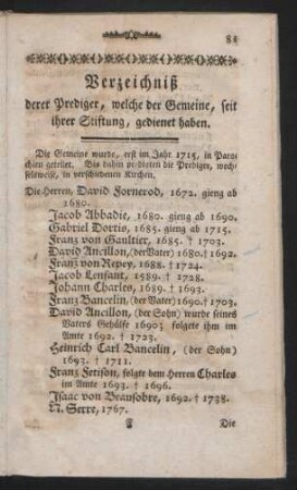 Verzeichniß derer Prediger, welche der Gemeine, seit ihrer Stiftung, gedienet haben.