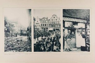 "Wasserstrasse in Rendsburg", "Wochenmarkt in Kiel" und "Vor der Bauernhütte auf Bornholm" aus der Mappe "Malerische Bilder"