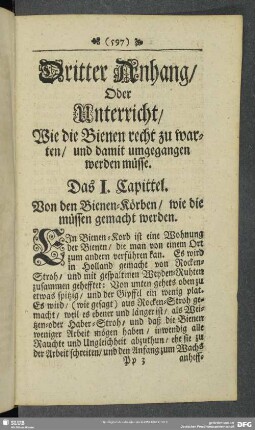 Dritter Anhang, Oder Unterricht, Wie die Bienen recht zu warten, und damit umgegangen werden müsse