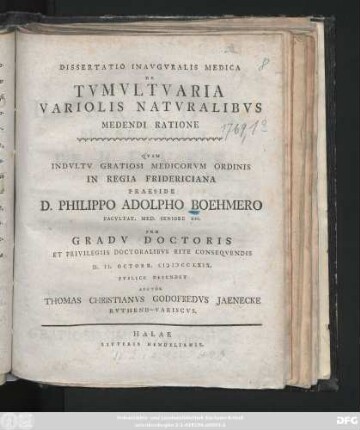 Dissertatio Inavgvralis Medica De Tvmvltvaria Variolis Natvralibvs Medendi Ratione