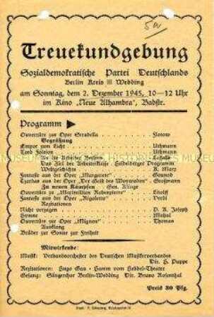 Programm einer "Treuekundgebung" der SPD in Berlin-Wedding