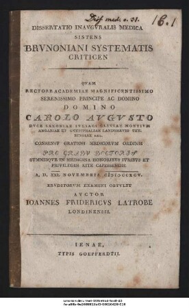 Dissertatio Inavgvralis Medica Sistens Brvnoniani Systematis Criticen