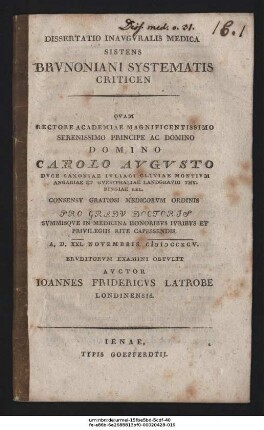 Dissertatio Inavgvralis Medica Sistens Brvnoniani Systematis Criticen
