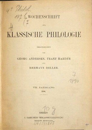 Wochenschrift für klassische Philologie. 7. 1890