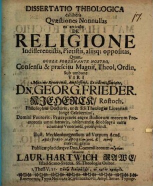 Diss. theol. exhibens quaestiones nonnullas ex articulo de religione, indifferentistis