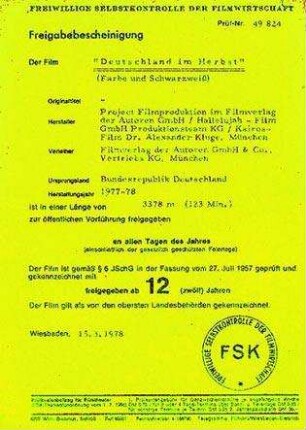 Freigabebescheinigung der Freiwilligen Selbstkontrolle der Filmwirtschaft