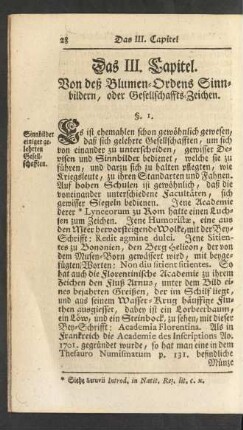 Das III. Capitel. Von deß Blumen-Ordens Sinnbildern, oder Gesellschaffts-Zeichen