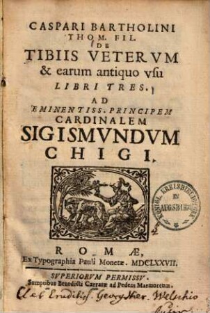 Caspari Bartholini Thom. fil. De tibiis veterum et & earum antiquo usu libri tres