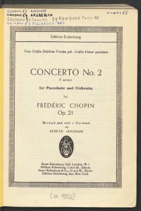 Concerto No. 2 : F minor : for Pianoforte and Orchestra : op. 21