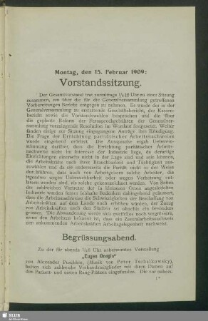 Montag, den 15. Februar 1909: Vorstandssitzung