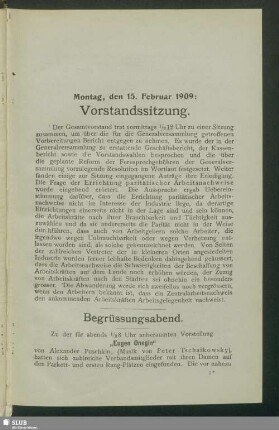 Montag, den 15. Februar 1909: Vorstandssitzung