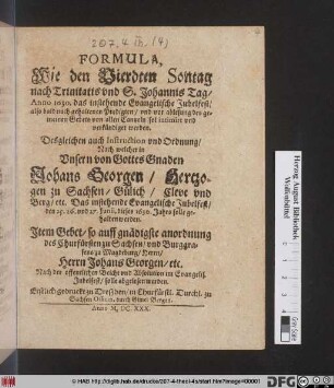 Formula, Wie den Vierdten Sontag nach Trinitatis und S. Johannis Tag/ Anno 1630. das instehende Evangelische Jubelfest/ also bald nach gehaltenen Predigten/ und vor ablesung des gemeinen Gebets von allen Cantzeln sol intimirt und verkündiget werden