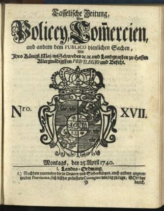 Nro. XVII, Montags, den 25. April 1740