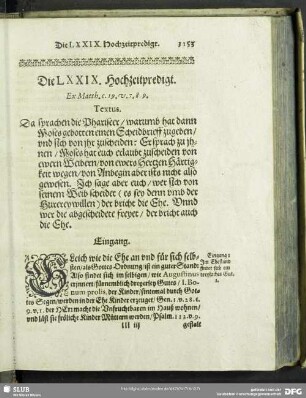 Die LXXIX. Hochzeitpredigt. Ex Matth.c.19.v.7.8.9