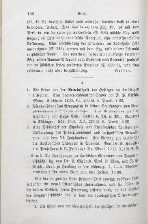 122-125 [Rezension] Kirsch, Johann Peter, Die Lehre von der Gemeinschaft der Heiligen im christl. Alterthum
