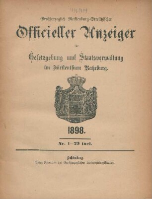 1898: Großherzoglich-Mecklenburg-Strelitzscher offizieller Anzeiger für Gesetzgebung und Staatsverwaltung im Fürstentum Ratzeburg