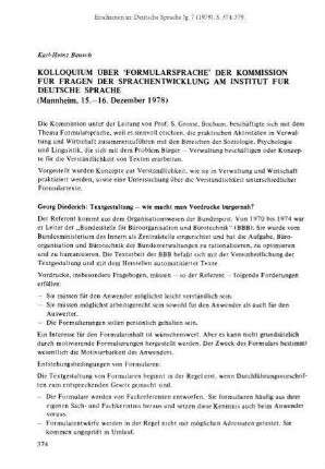 Kolloquium über "Formularsprache" der Kommission für Fragen der Sprachentwicklung am Institut für deutsche Sprache (Mannheim, 15.-16. Dezember 1978) [Dokumentation]