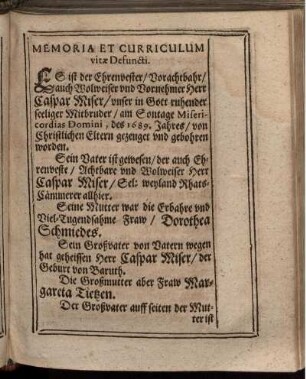 Memoria Et Curriculum vitae Defuncti.
