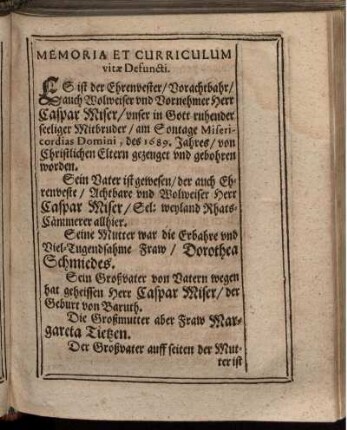 Memoria Et Curriculum vitae Defuncti.
