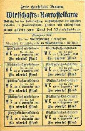 Bezugsschein der Stadt Bremen für Kartoffeln in Gaststätten
